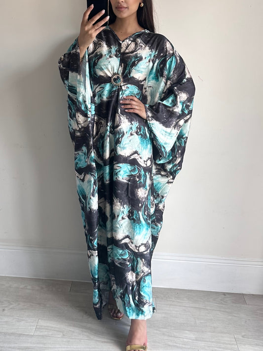 Blue Black Marble Satin Print Brooch Kaftan
