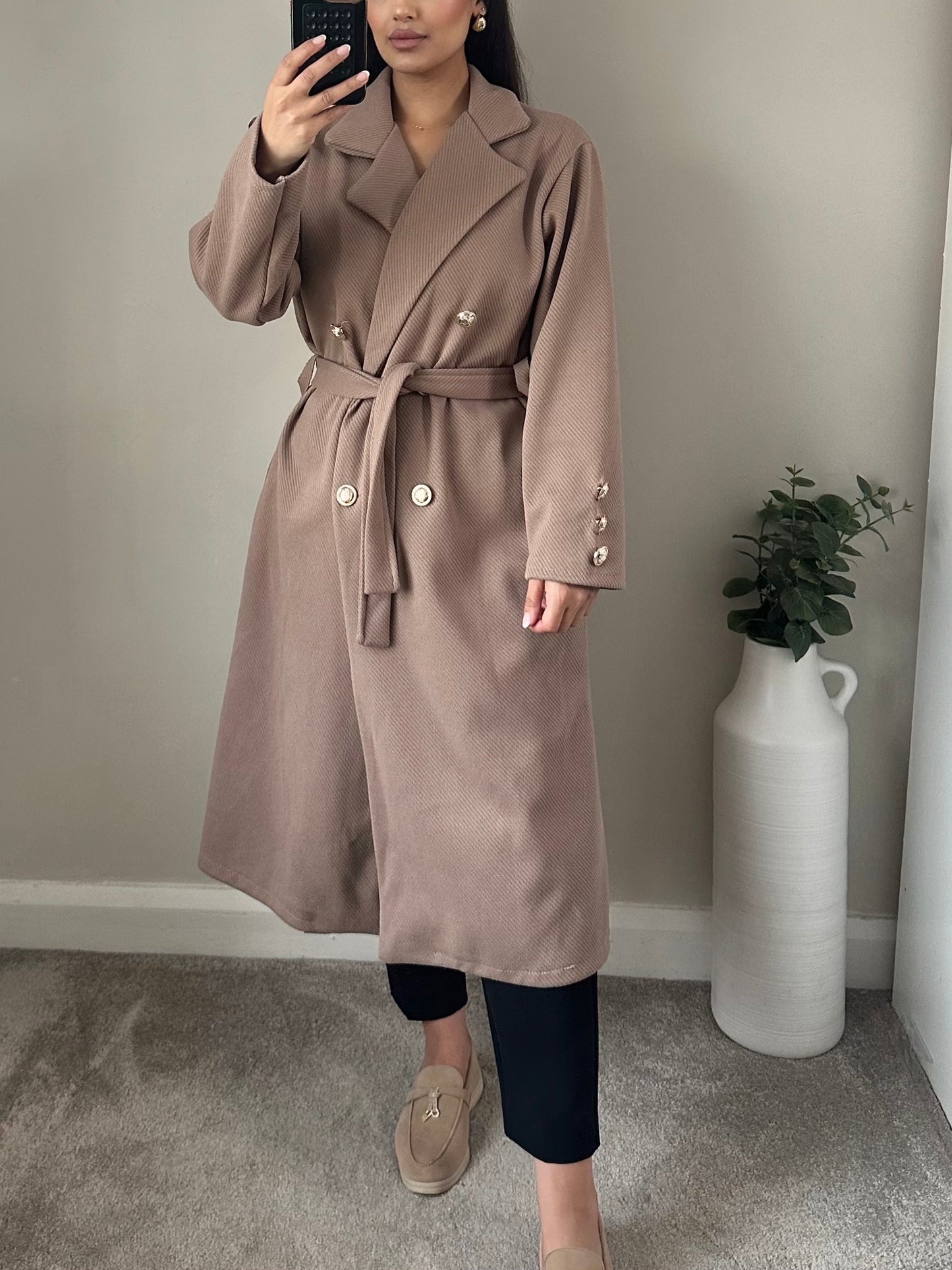 Mocha Gold Button Belt Jacket