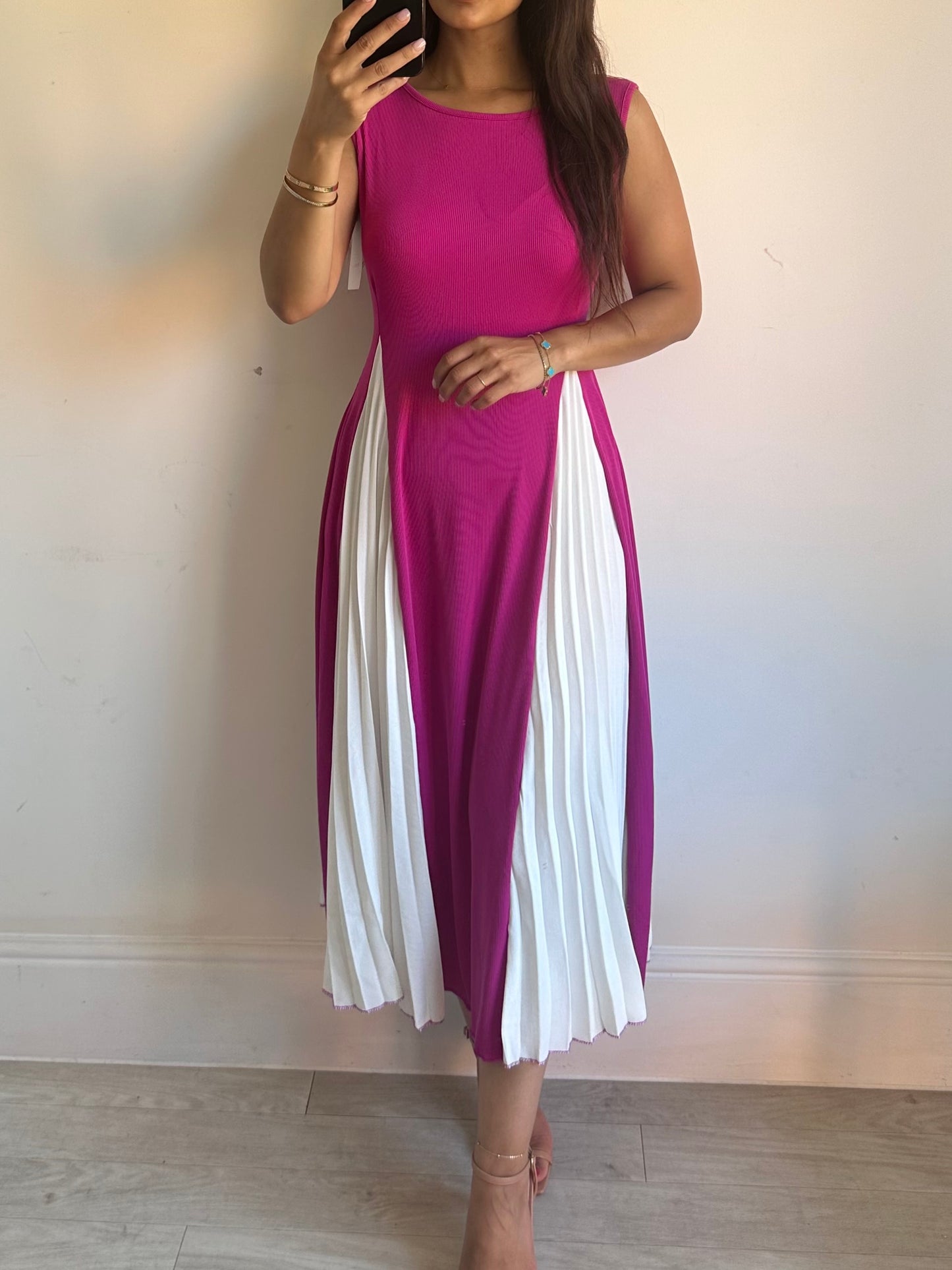 Pink White Pleated Sleeveless Midi Dress
