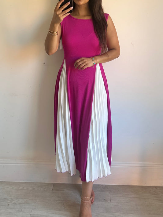 Pink White Pleated Sleeveless Midi Dress