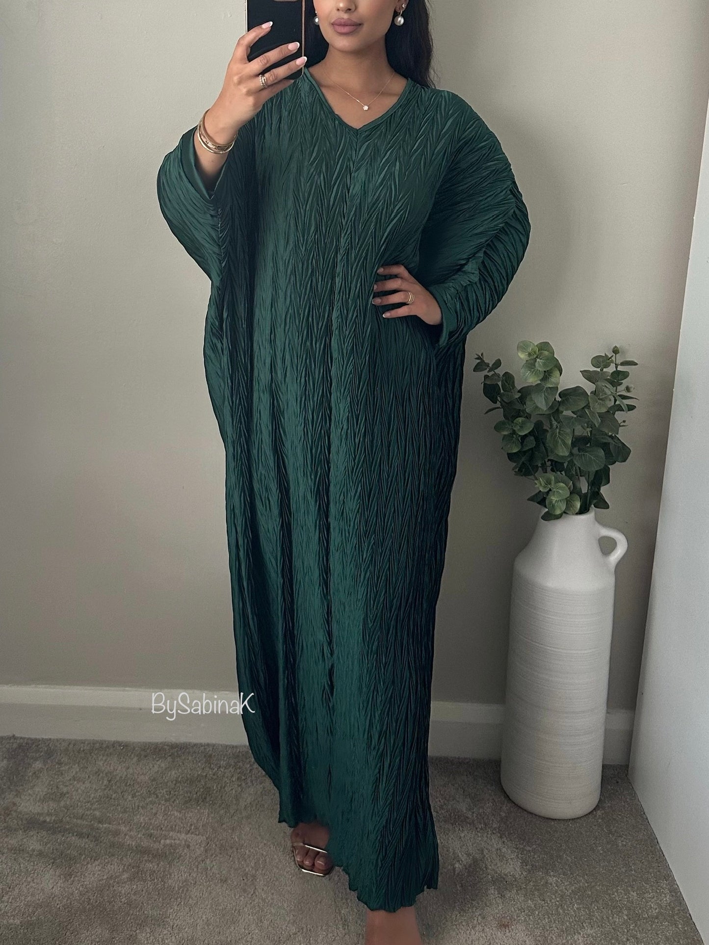 Green Satin Pleated Batwing Dress 015