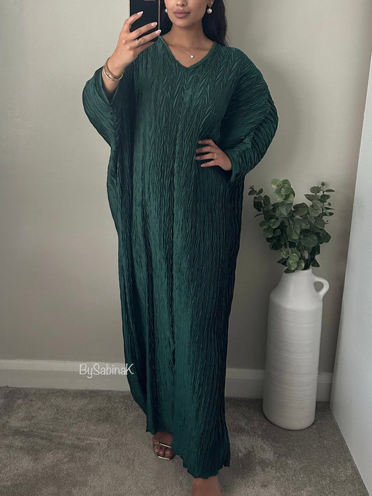 Green Satin Pleated Batwing Dress 015