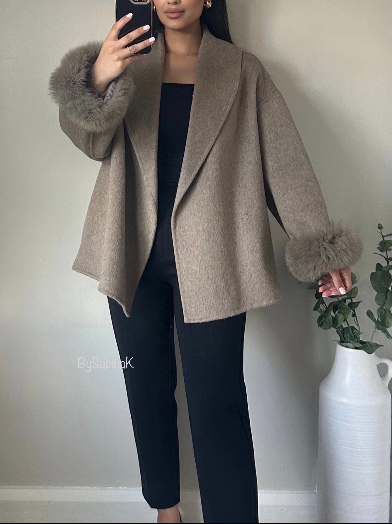 Taupe 100% Wool Fur Short Coat (Pre-order)