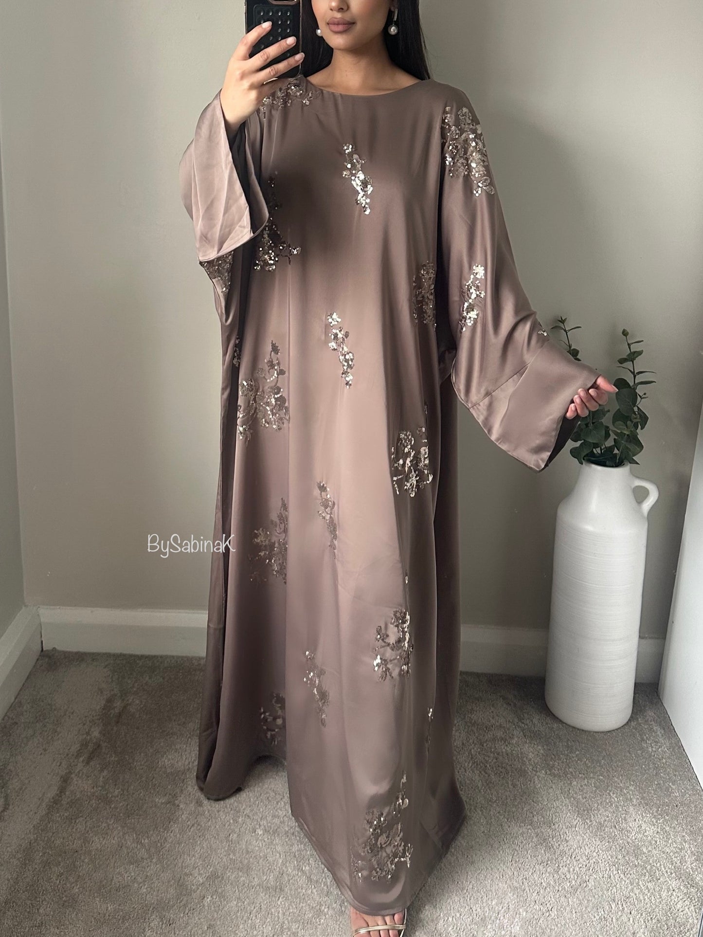 Taupe Satin Floral Sequin Details Kaftan Abaya