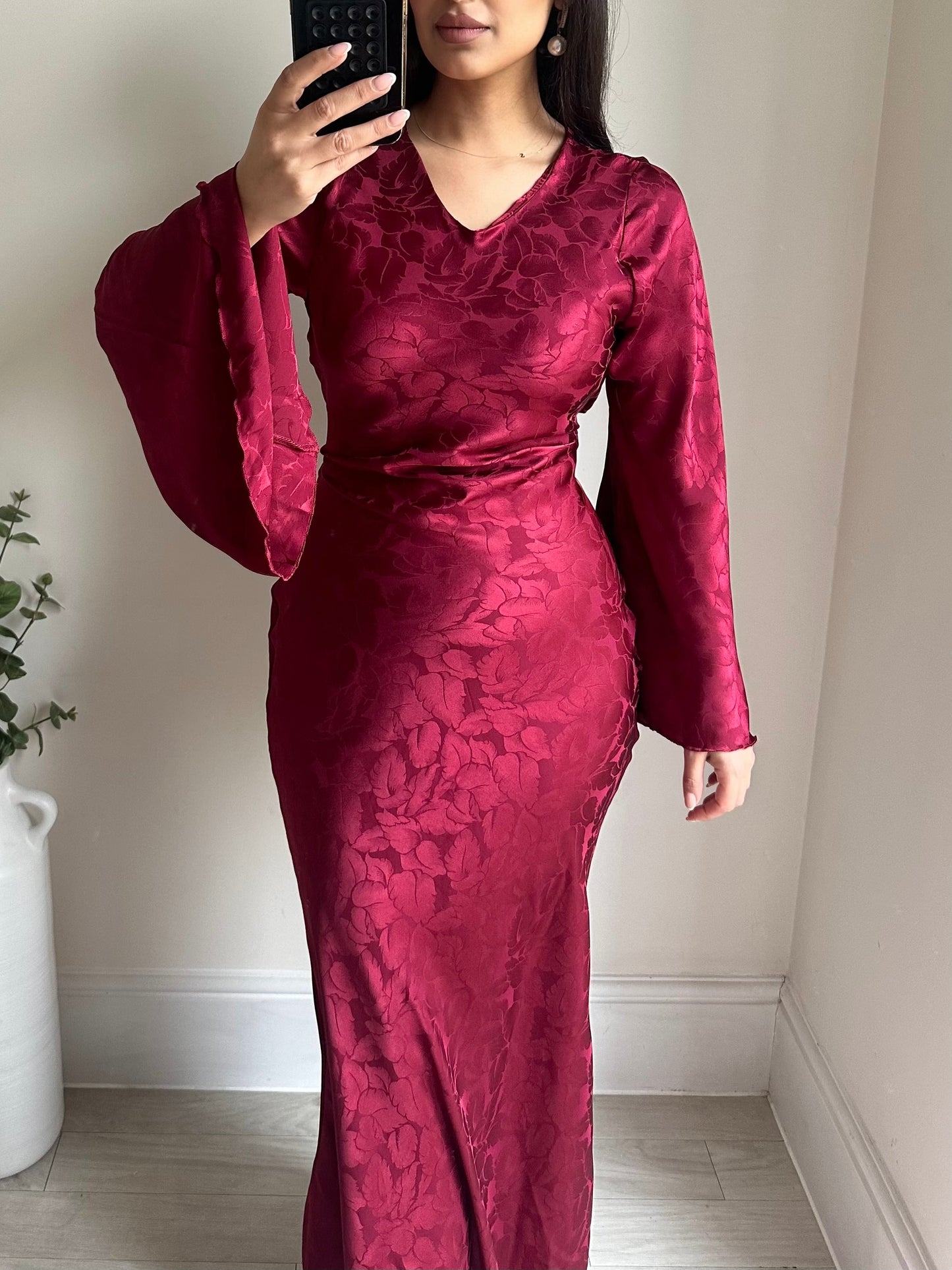 Wine Red Floral Satin Flared Sleeve Dress