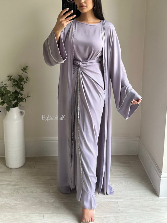 Lilac Satin Wrap Dress Kimono Set