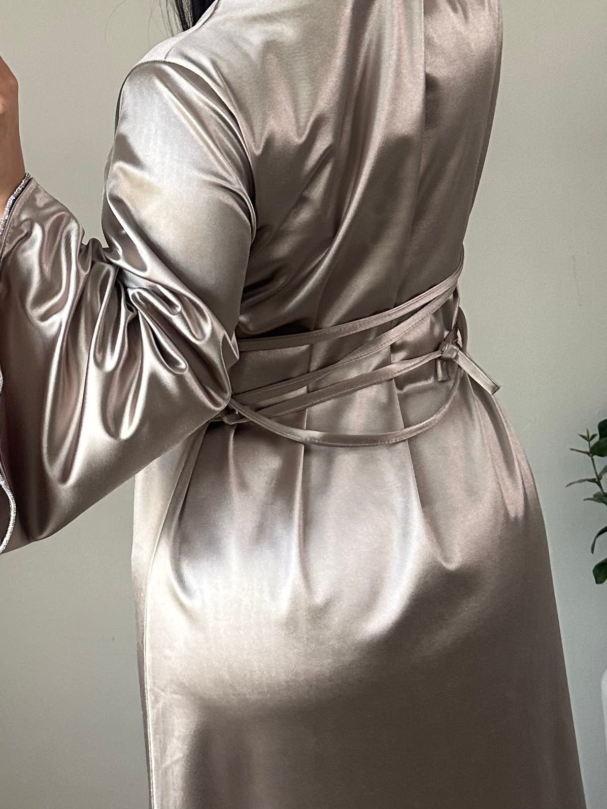 Taupe Diamanté Flare Sleeve Satin Dress