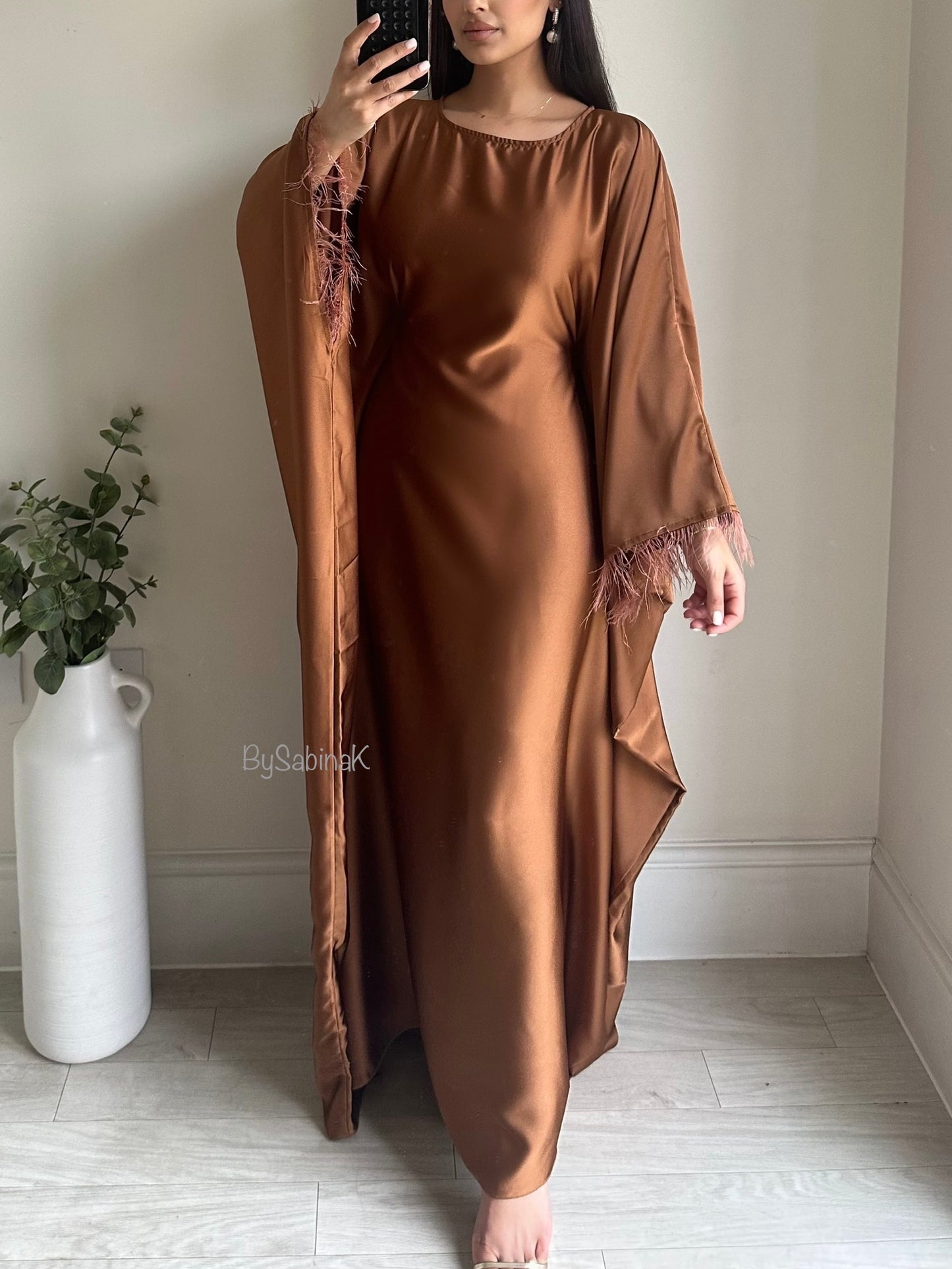 Brown Feather Satin Butterfly Kaftan 802