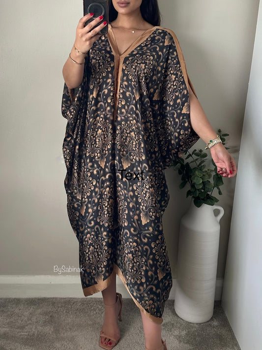 Brown Black Printed Satin Kaftan