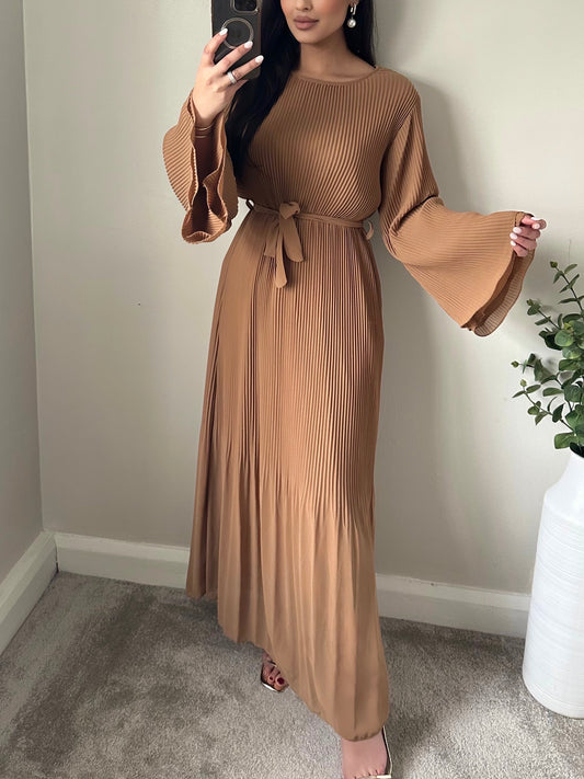 Brown Chiffon Pleated Dress