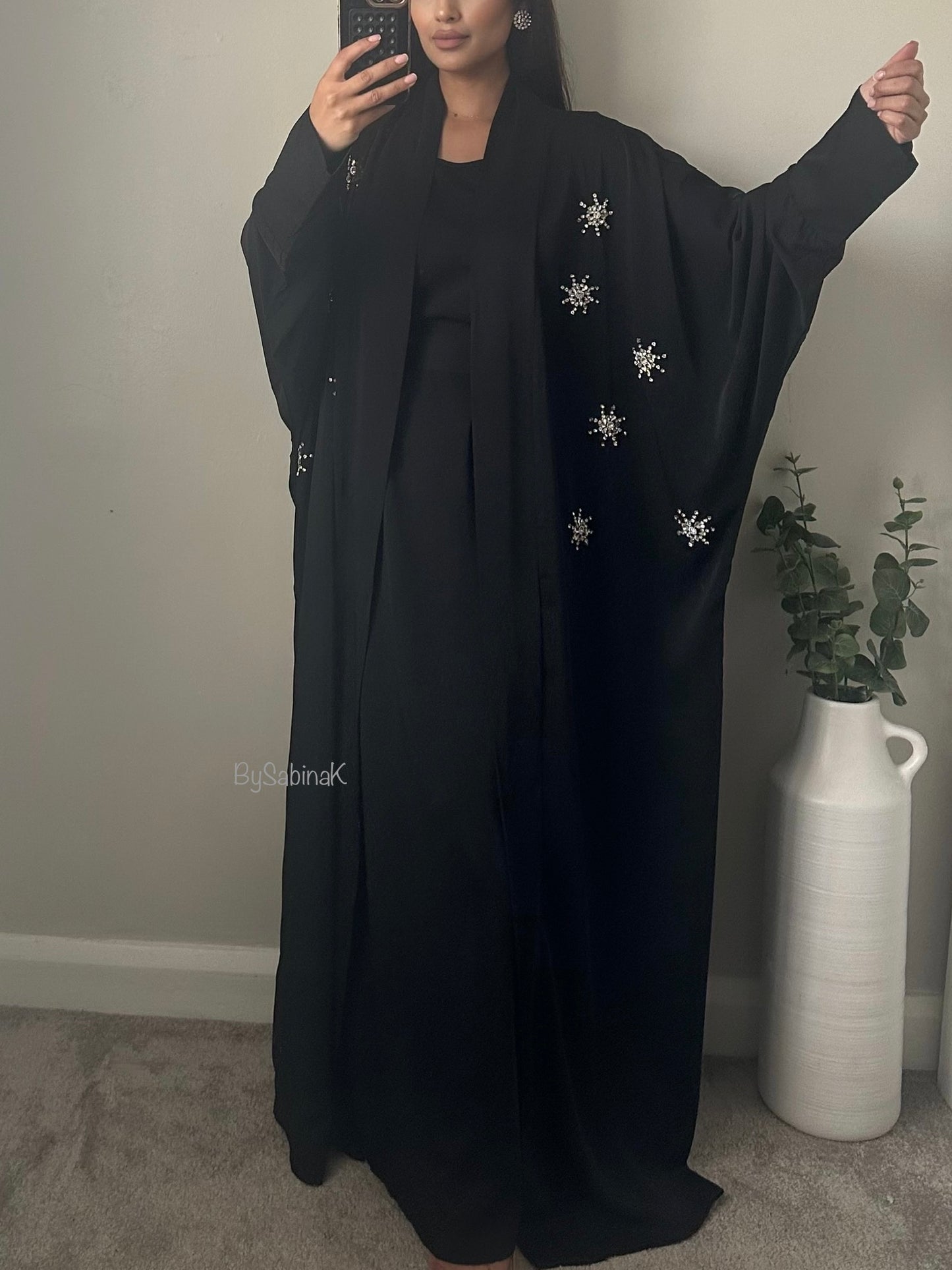 Black Rhinestone Detail Batwing Abaya Set