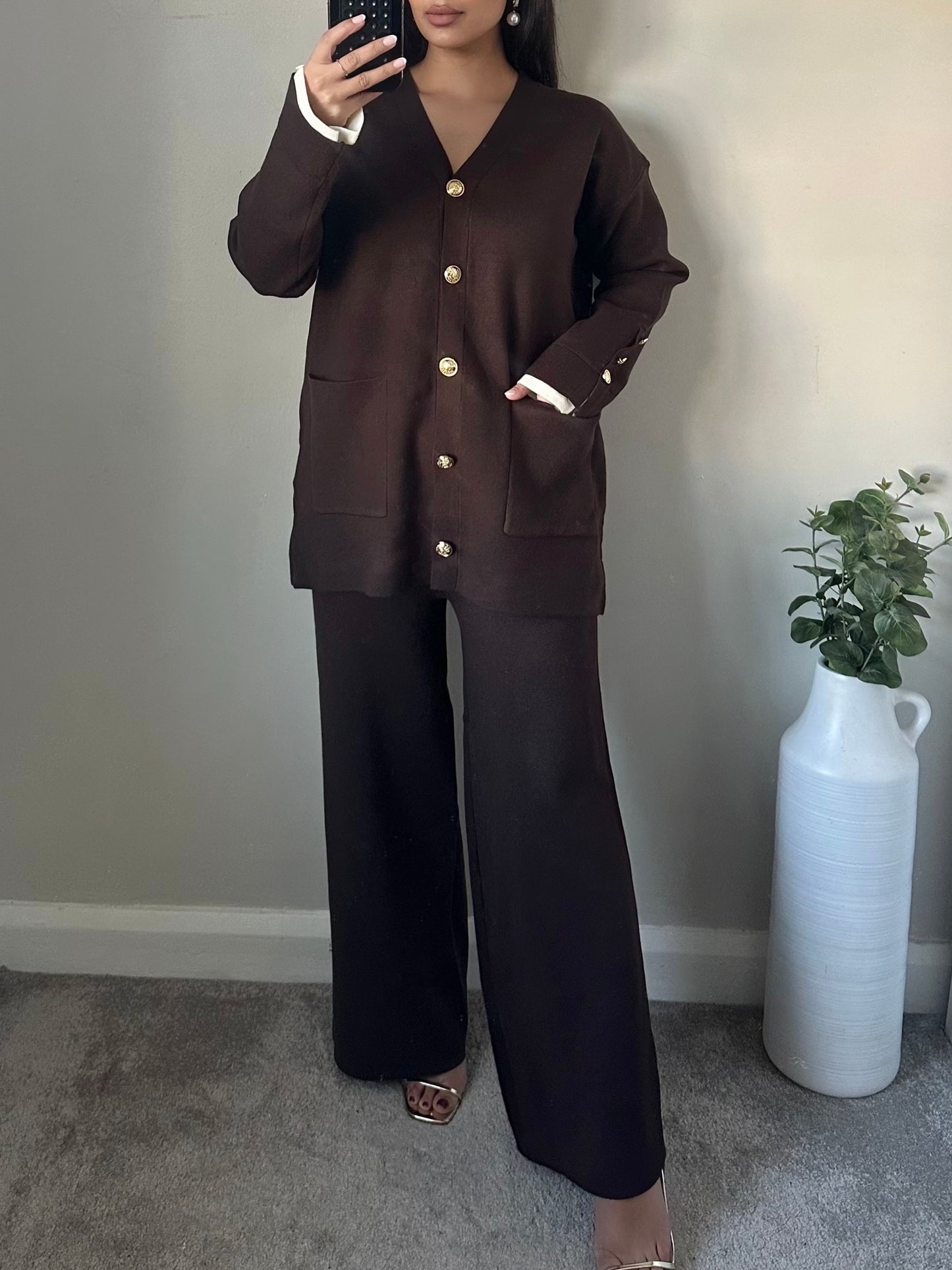 Brown Gold Button Longline Cardigan Co-ord