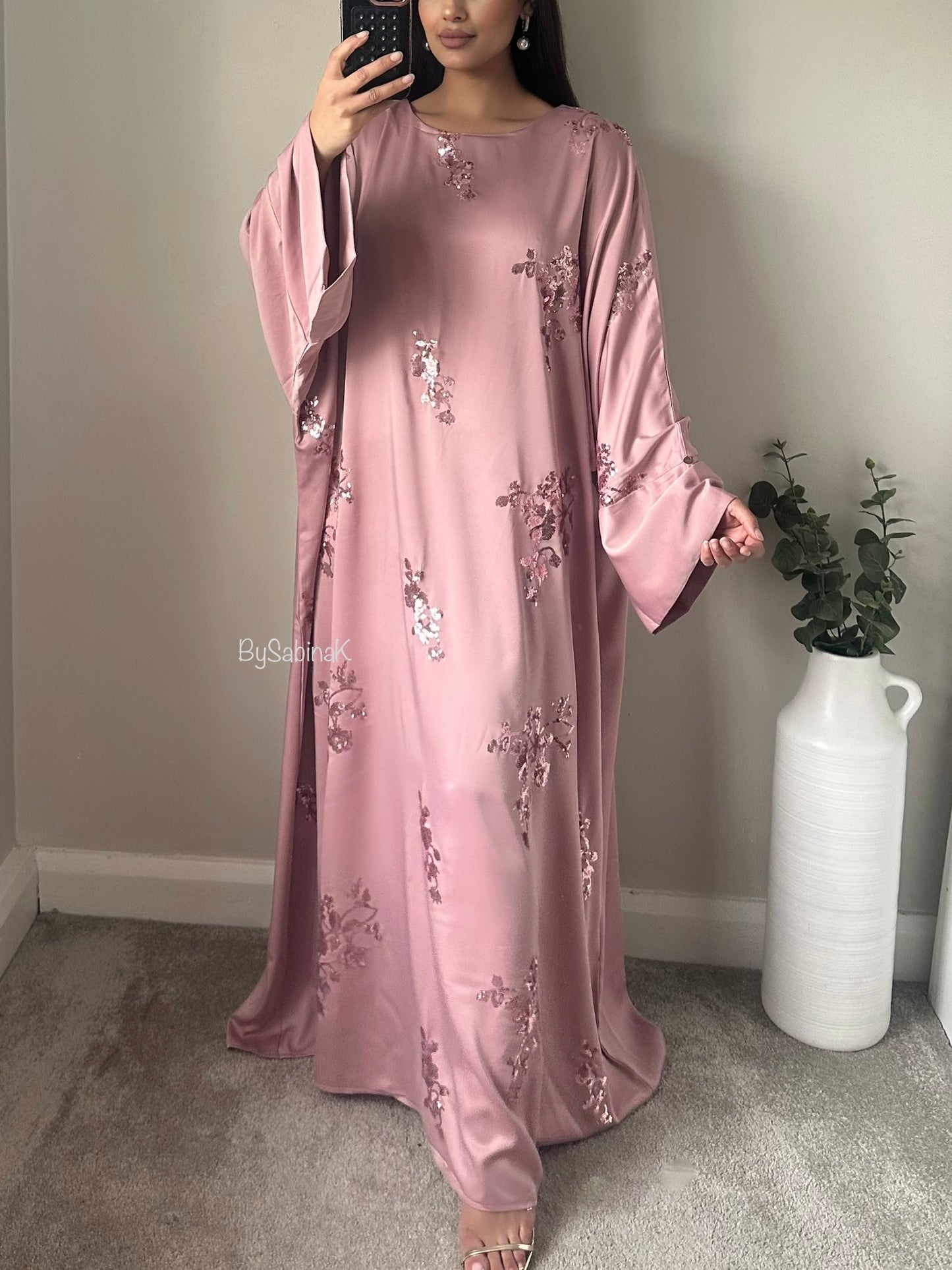 Pink Satin Floral Sequin Details Kaftan Abaya