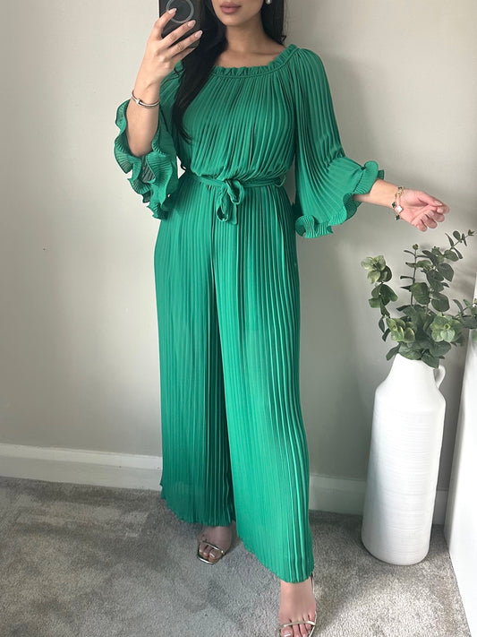 Green Pleated Chiffon Jumpsuit