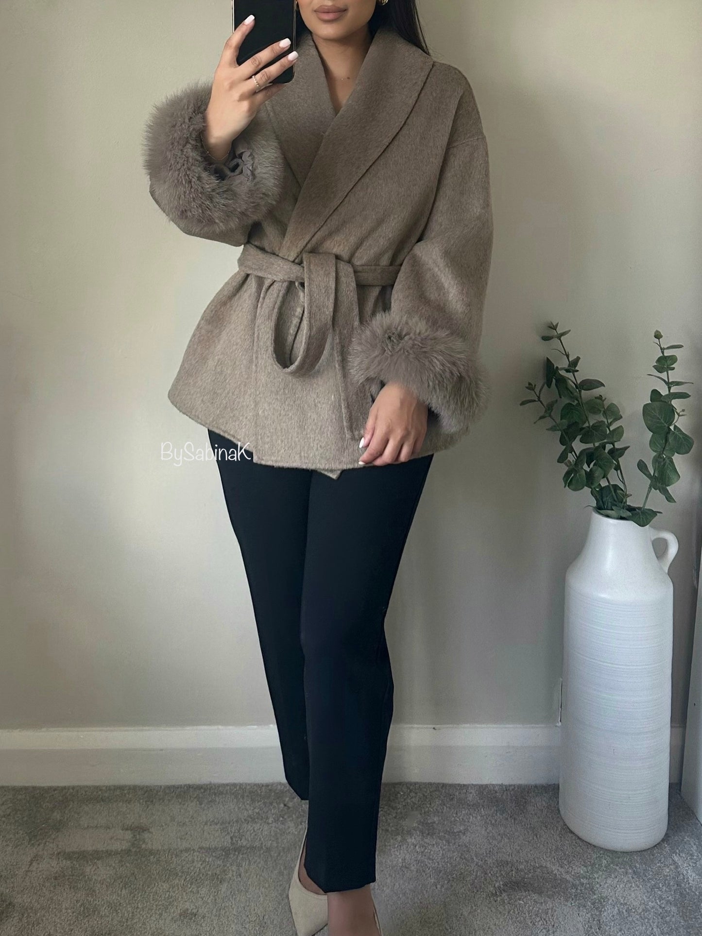 Taupe 100% Wool Fur Short Coat (Pre-order)