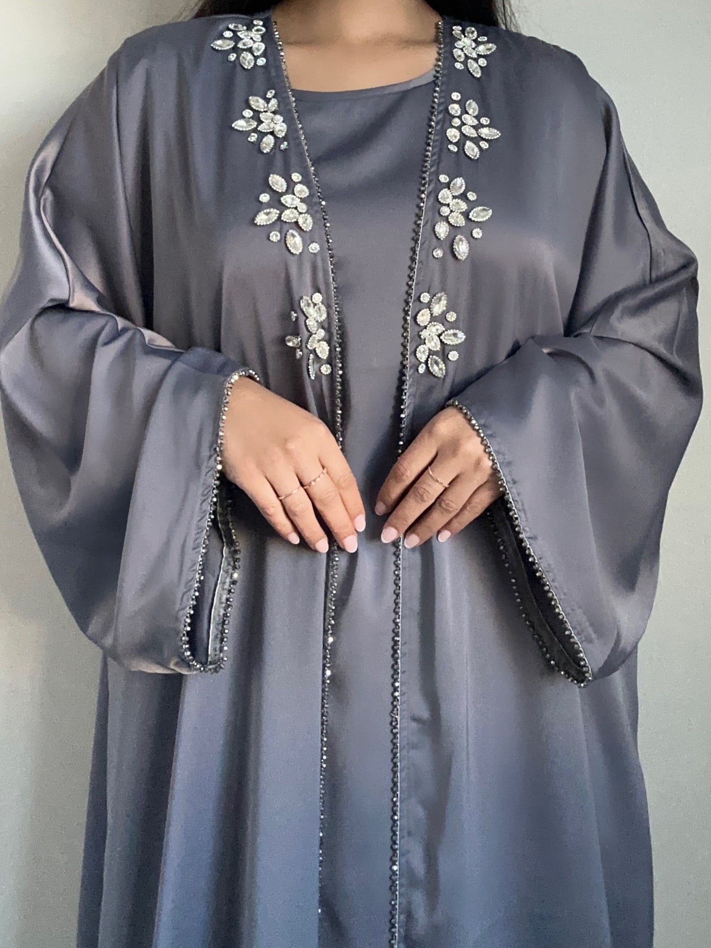 Grey Satin Rhinestone Beaded Abaya Set