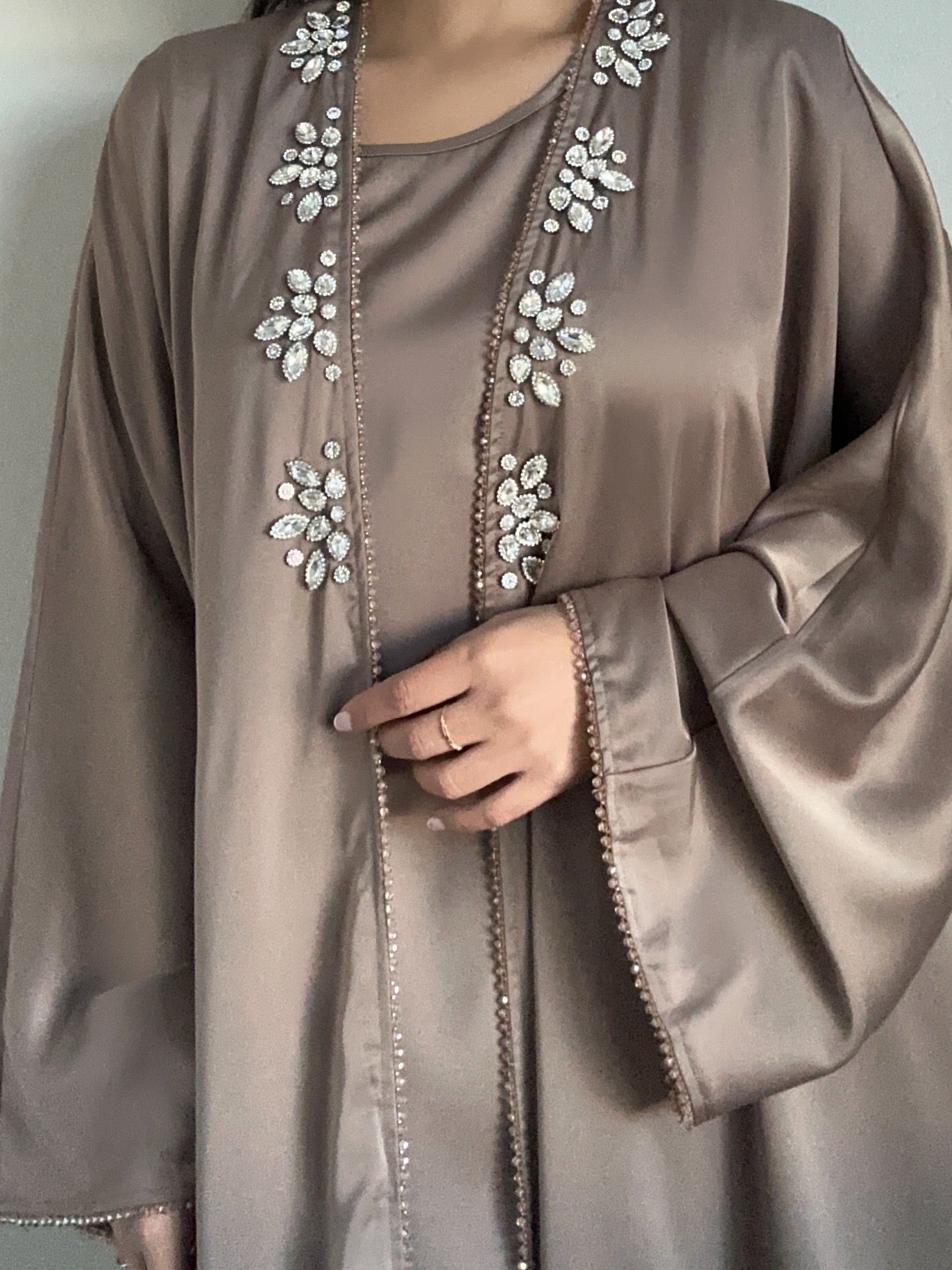 Mocha Satin Rhinestone Beaded Abaya Set