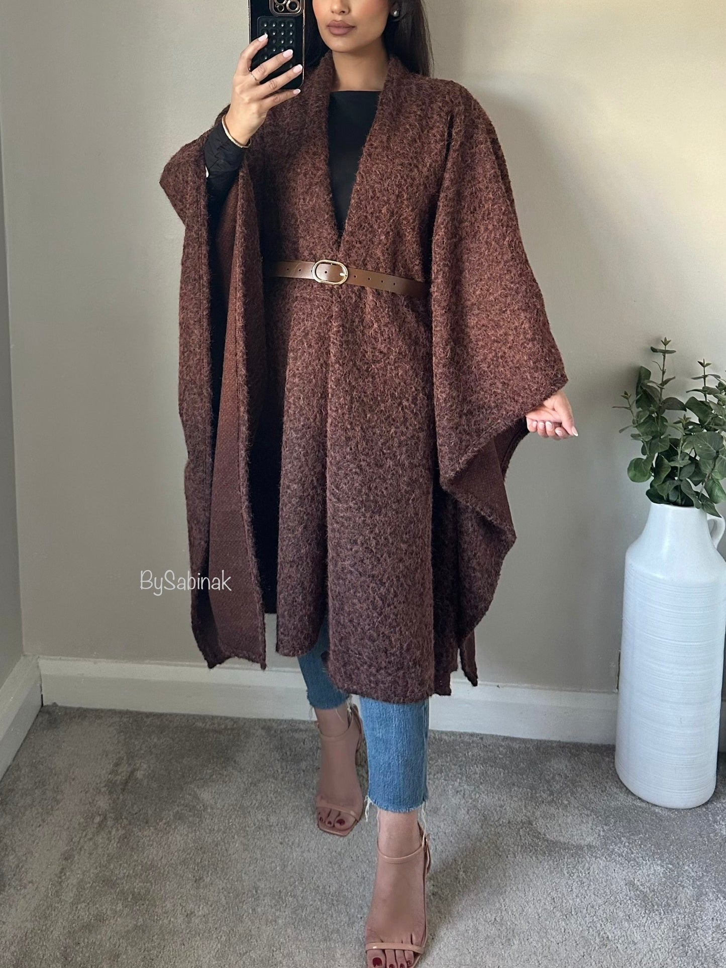 Brown Boucle Belted Cape