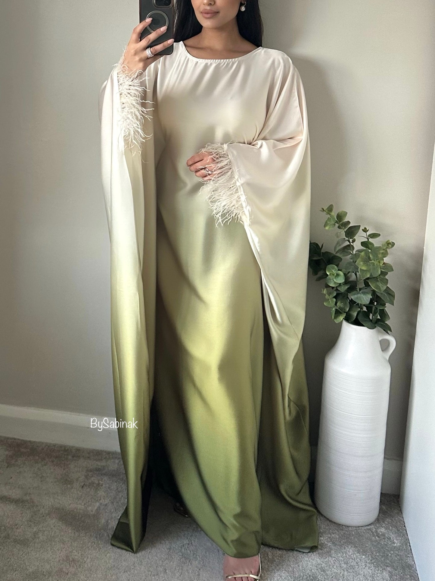 Sage Green Tones Satin Ombré Kaftan