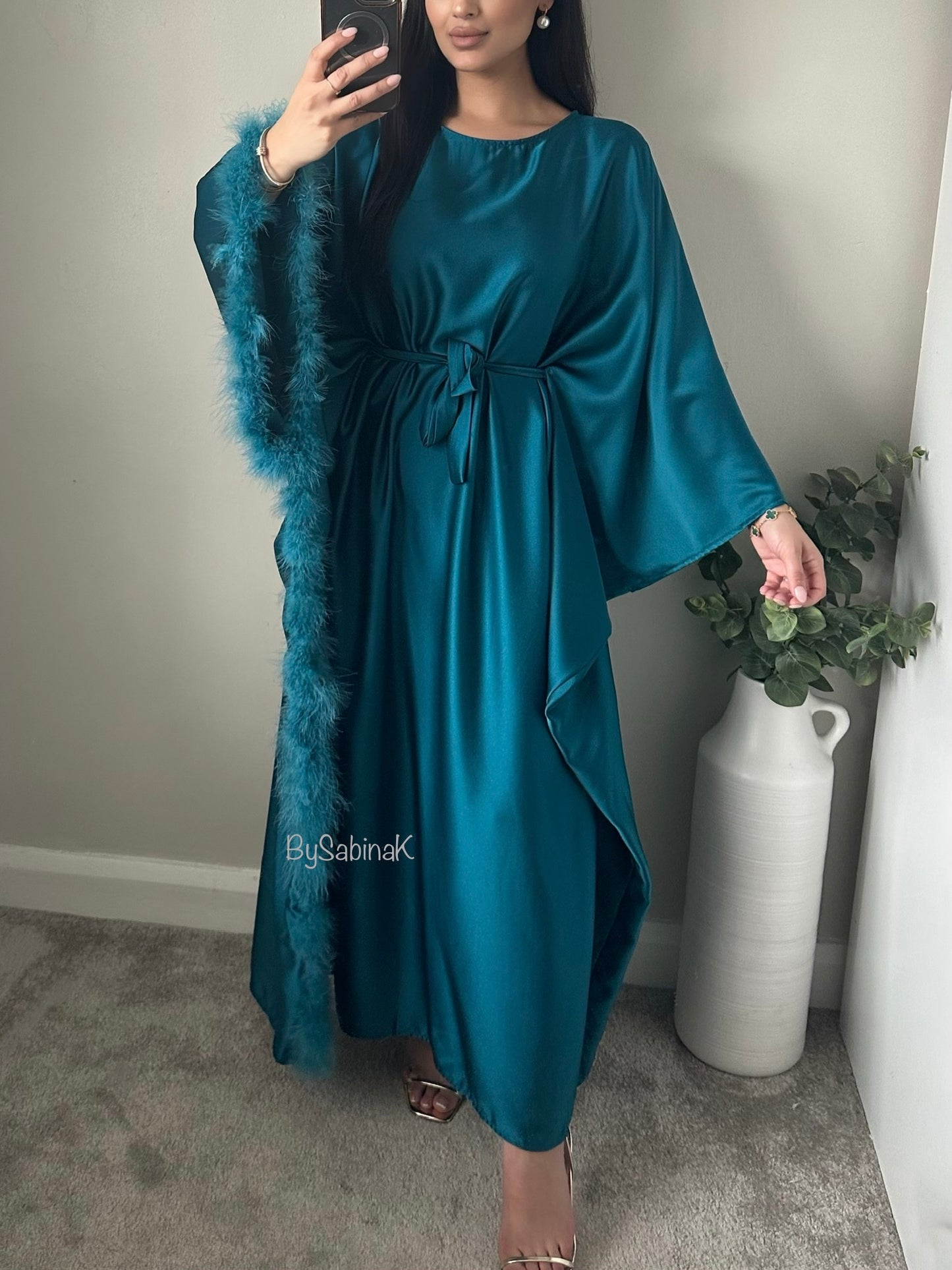 Teal Blue Satin Fur Trimmed Tie Dress 002