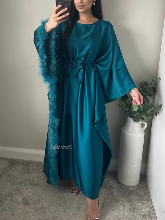 Teal Blue Satin Fur Trimmed Tie Dress 002