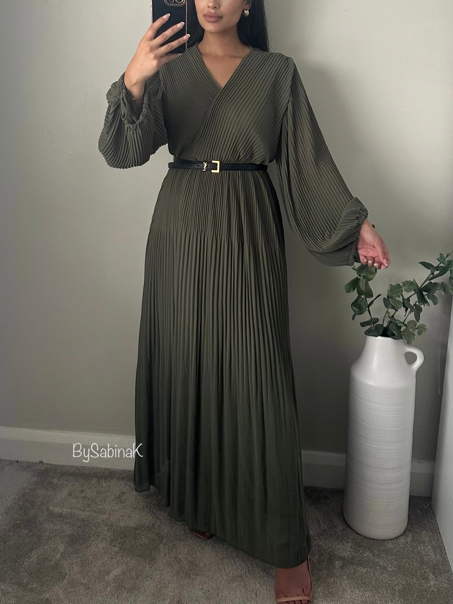 Khaki Green Chiffon Wide Sleeve Pleated Dress