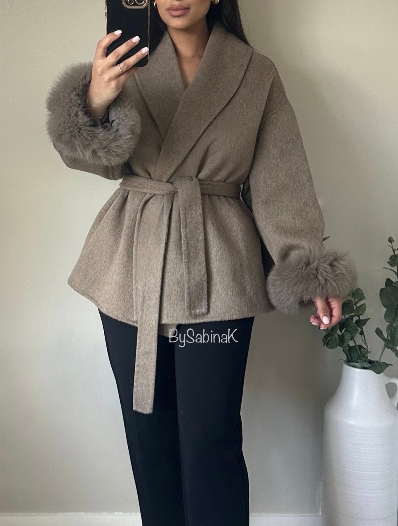 Taupe 100% Wool Fur Short Coat (Pre-order)