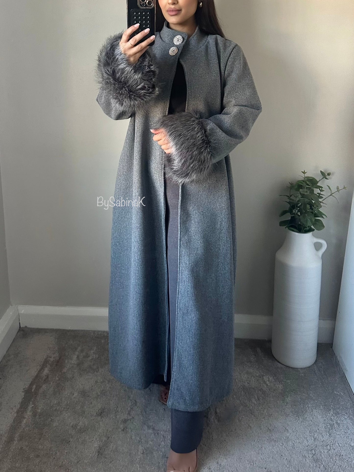 Grey Maxi Fur Gold Button Cape Jacket