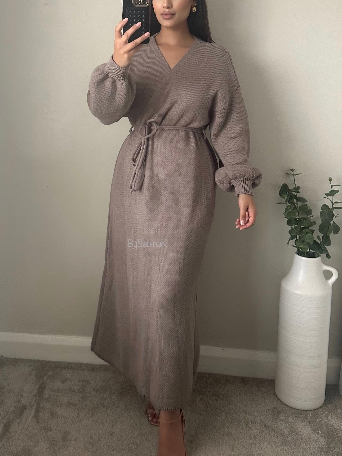 Taupe Knit Wrap Dress