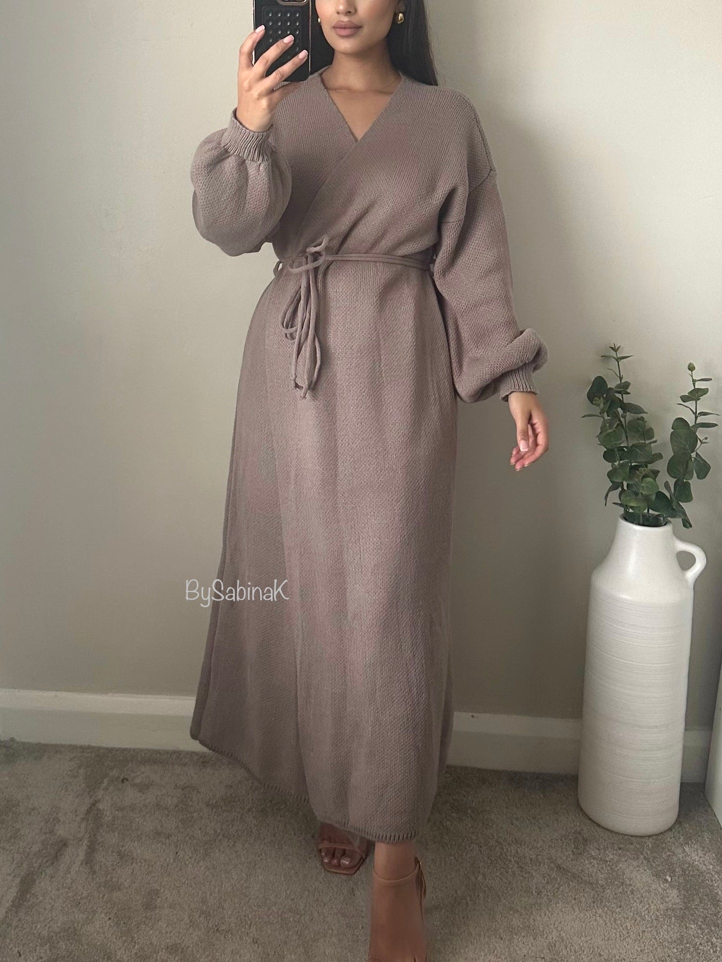 Taupe Knit Wrap Dress