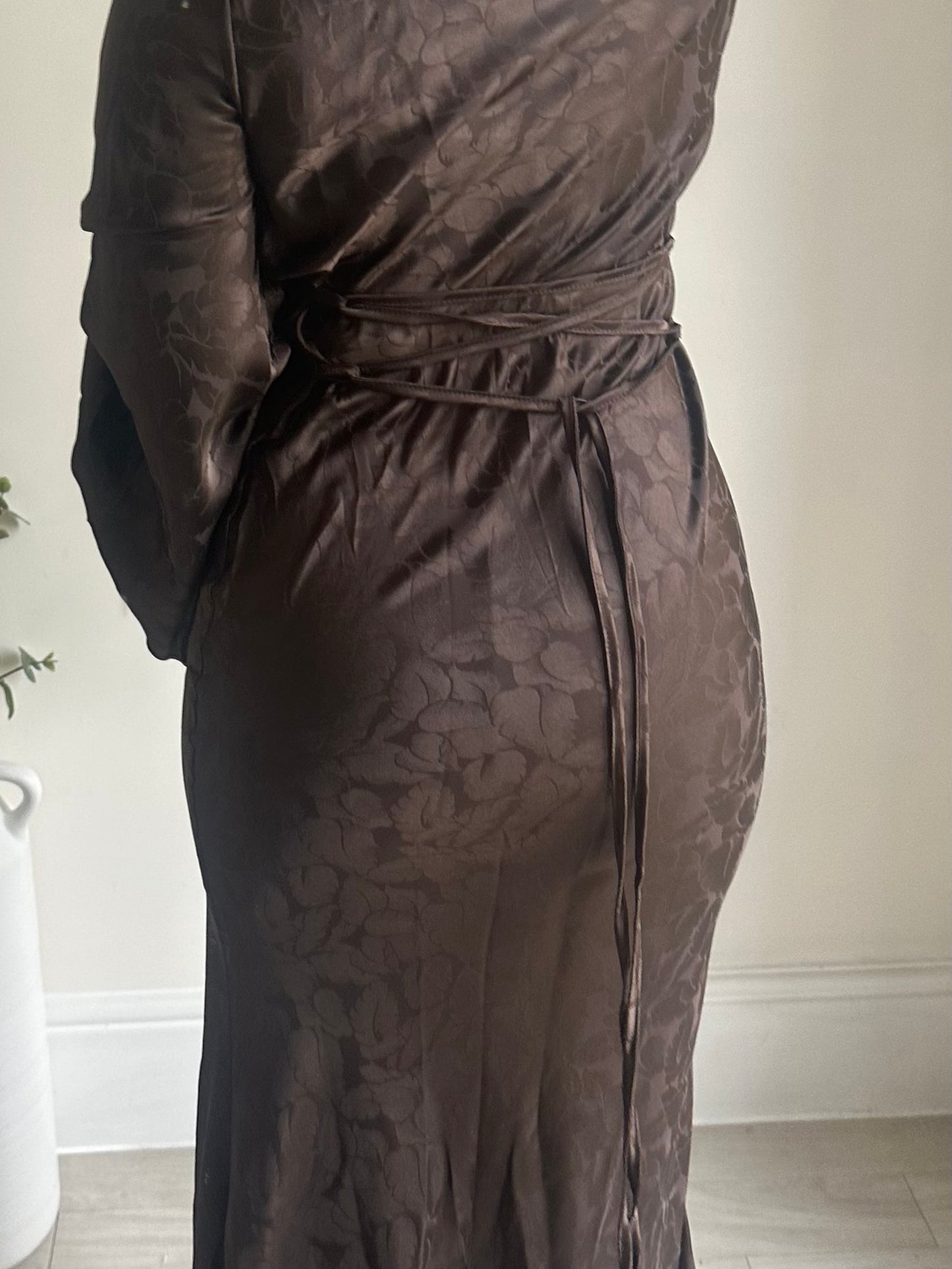 Brown Floral Satin Flared Sleeve Dress