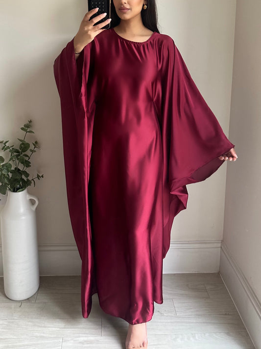 Wine Red Butterfly Satin Kaftan Abaya