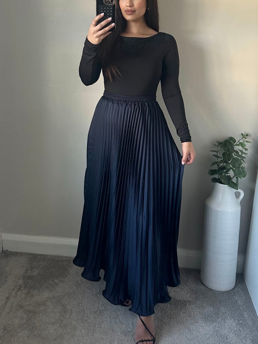 Navy Blue Satin Pleated Skirt