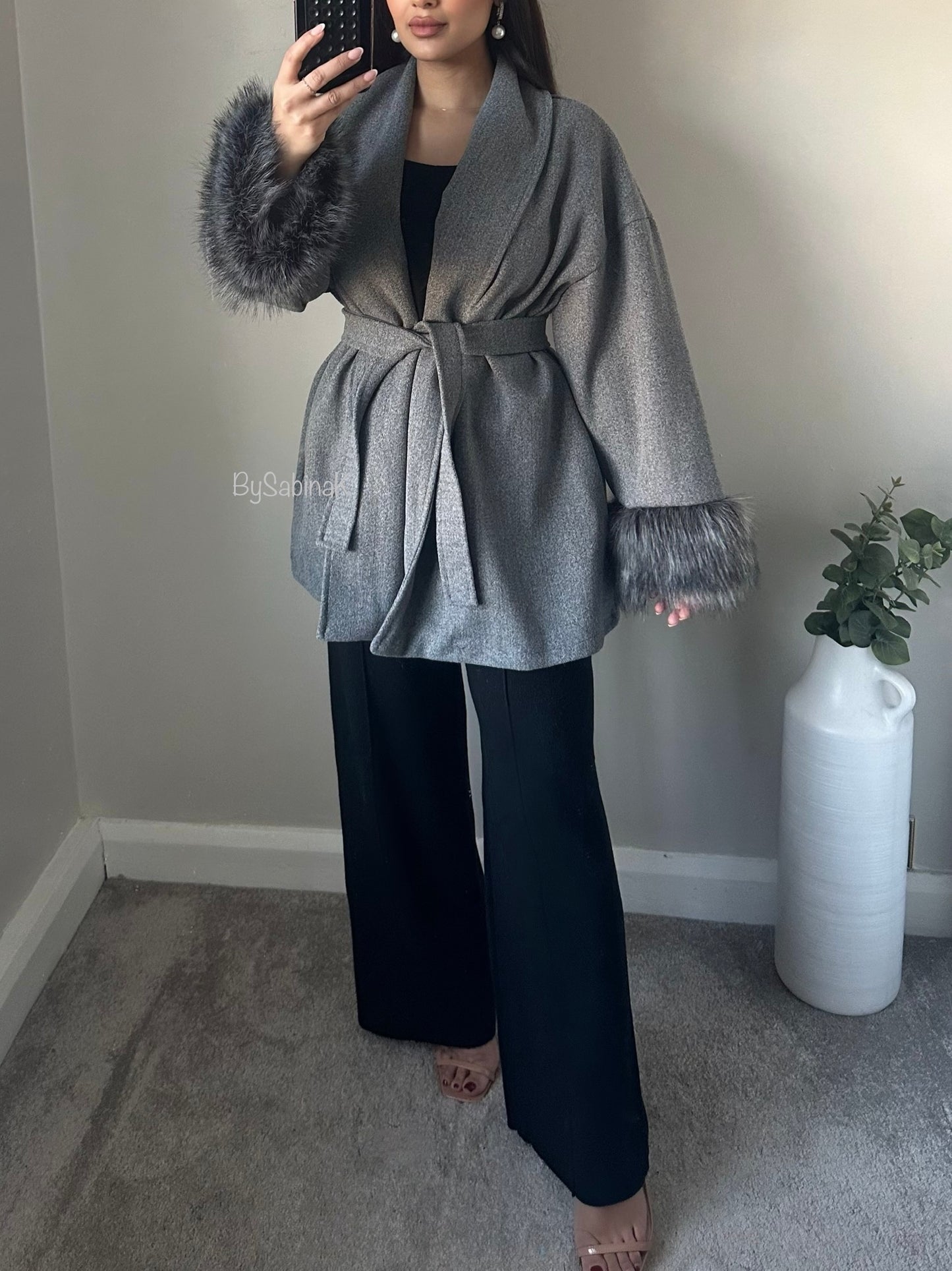 Grey Faux Fur Belted Wrap Coat