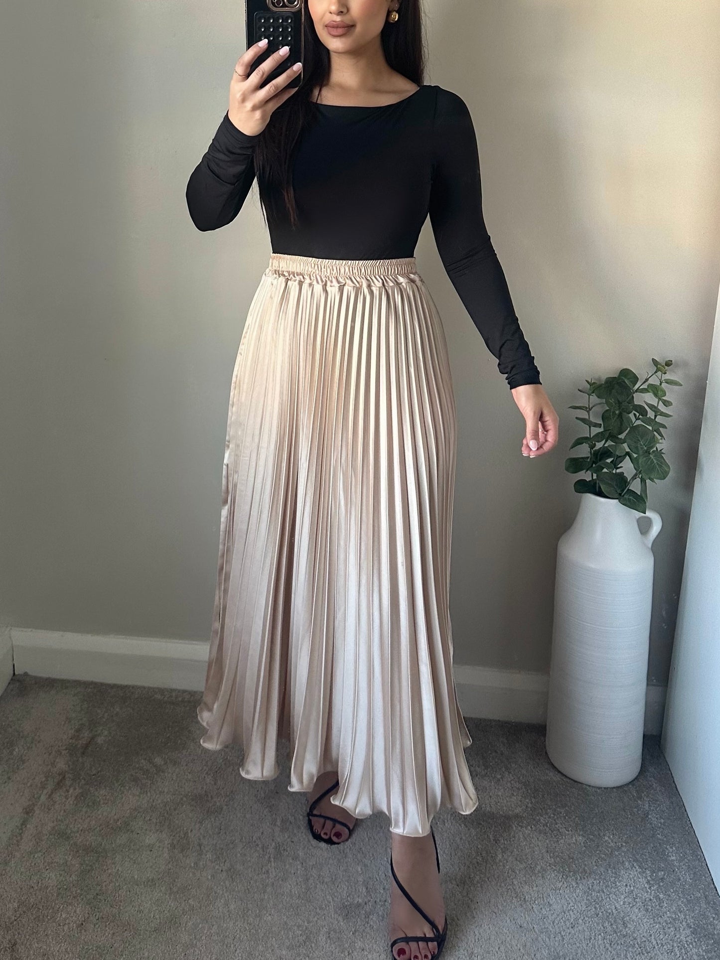 Ivory Satin Pleated Skirt