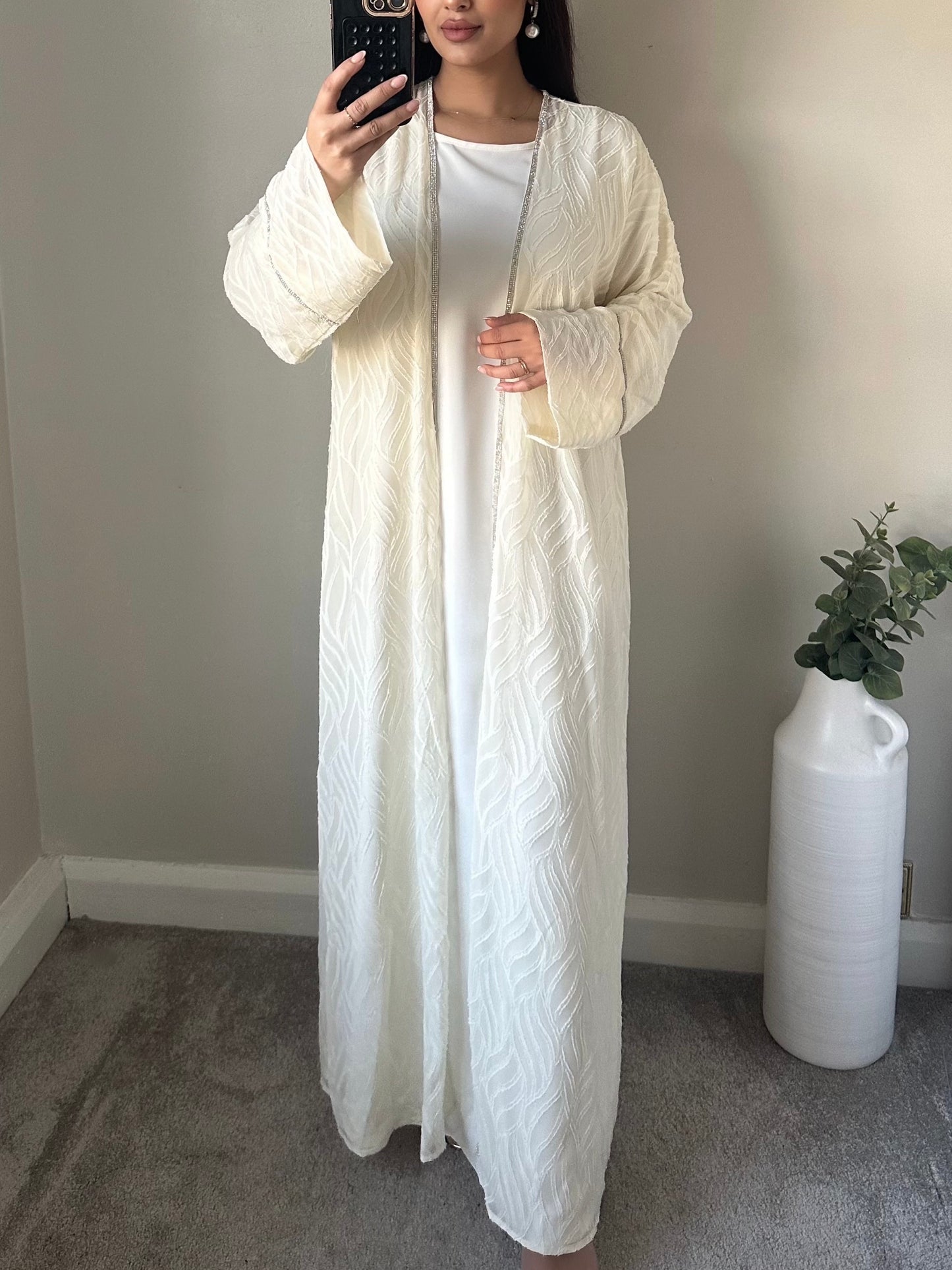 Ivory Chiffon Belted Printed Abaya Set