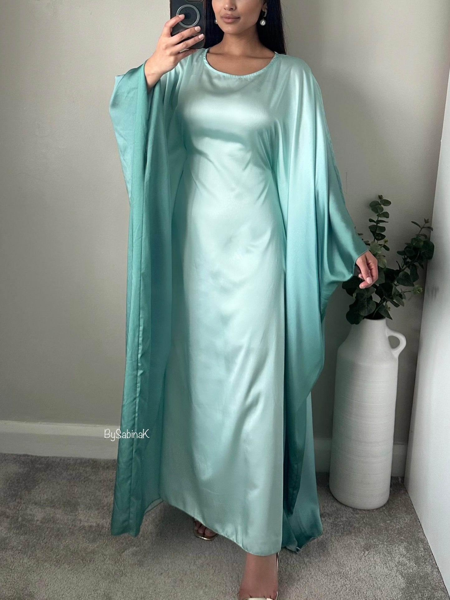 Aqua Blue Tones Butterfly Ombré Satin Kaftan