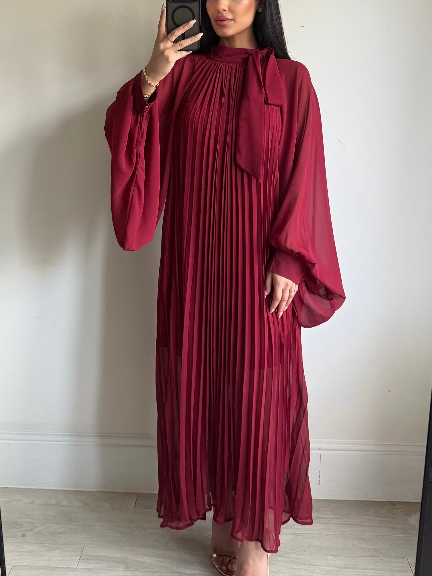 Burgundy Red Chiffon Pleated Dress