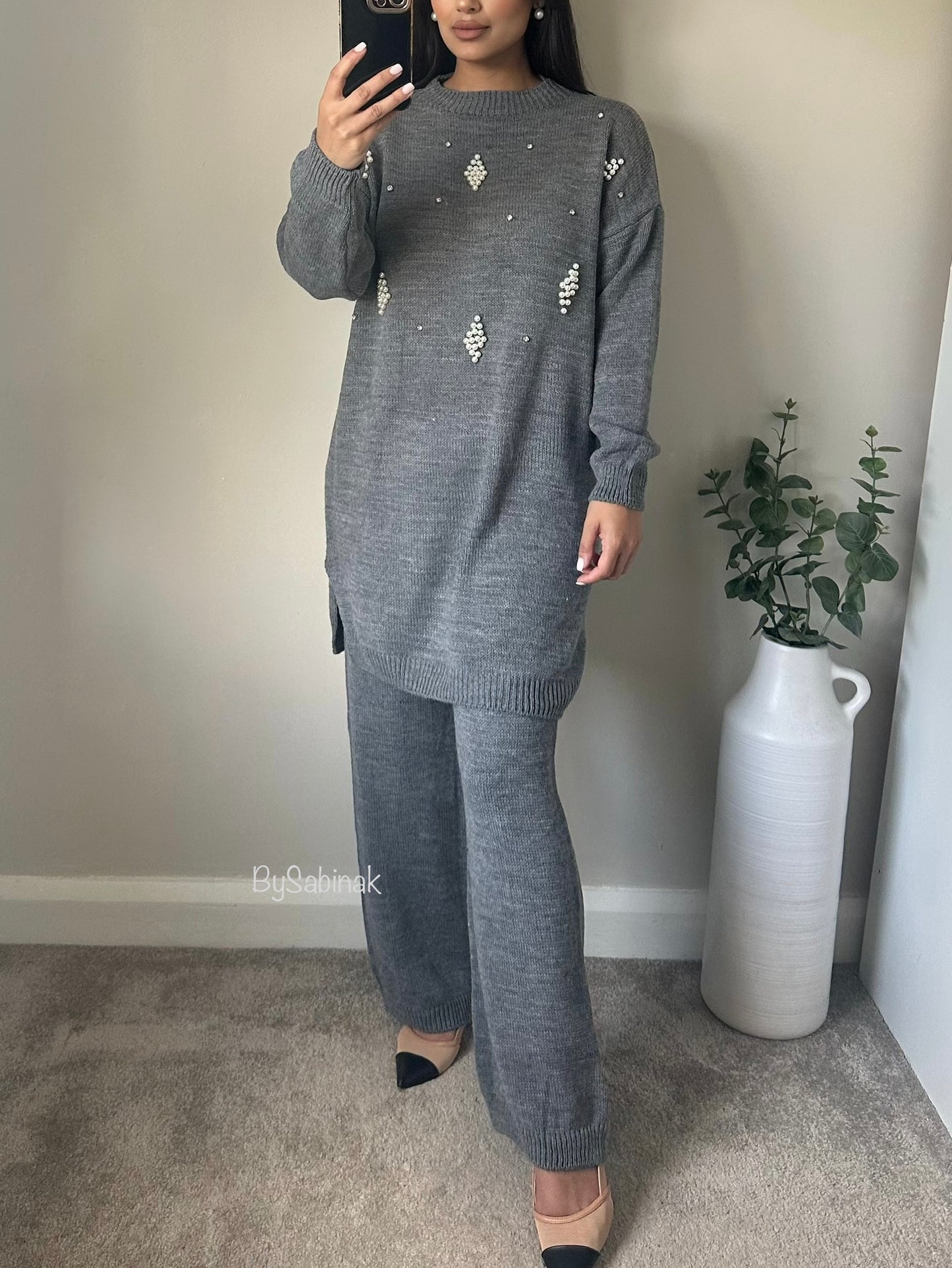 Grey Pearl Detail Oversized knitted Co-ord