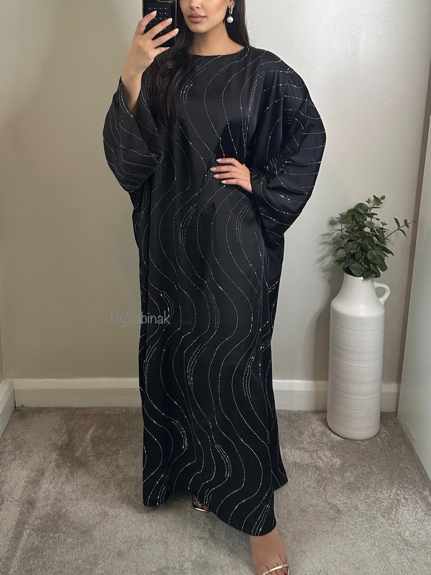 Black Swirl Sequin Details Kaftan Abaya