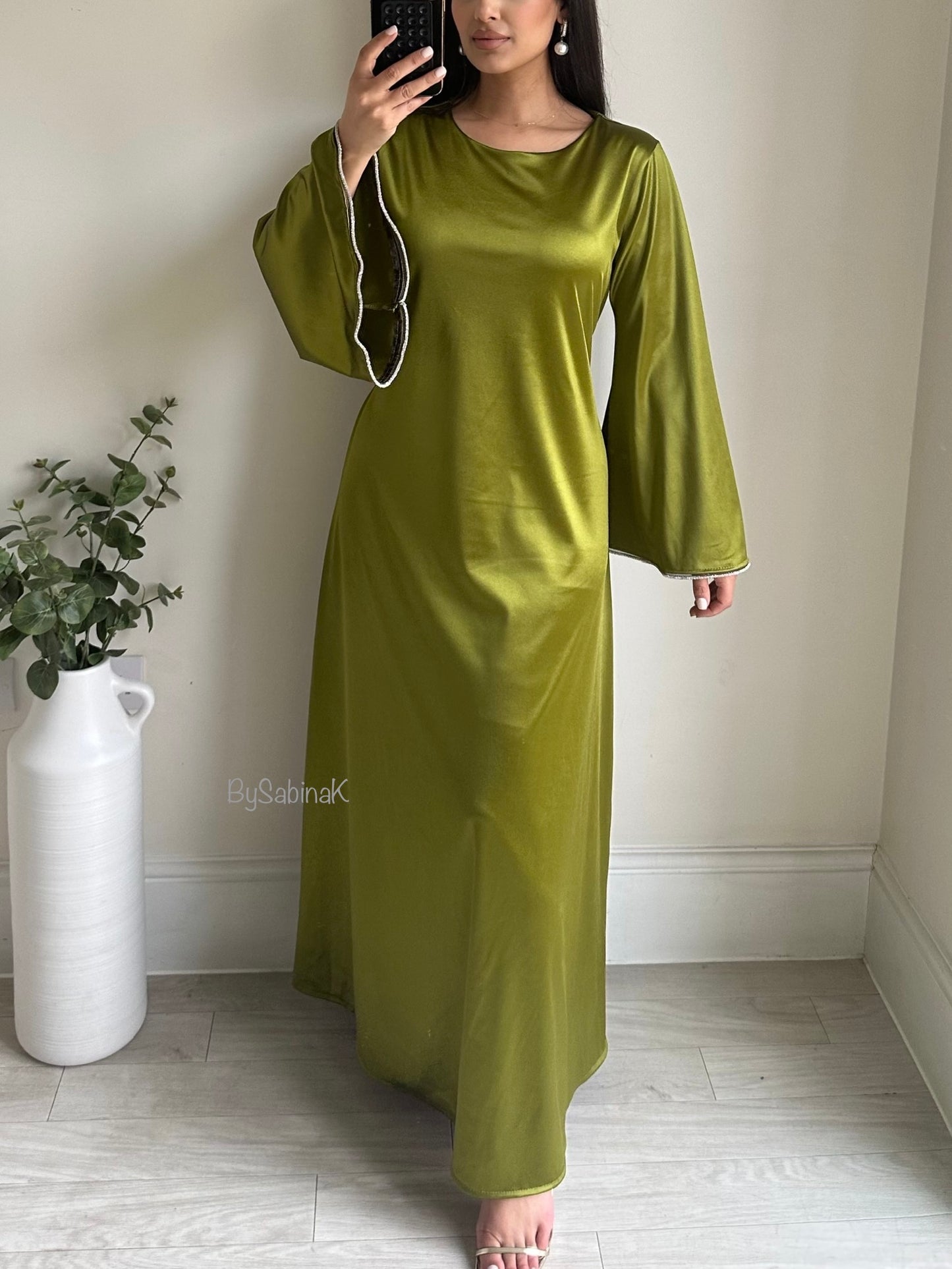 Lime Green Diamanté Flare Sleeve Satin Dress