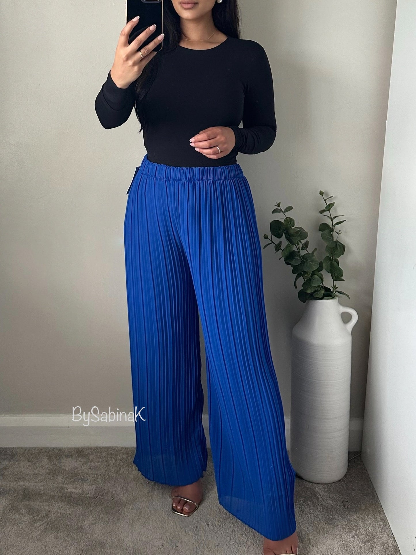 Blue Chiffon Pleated Wide Leg Trousers