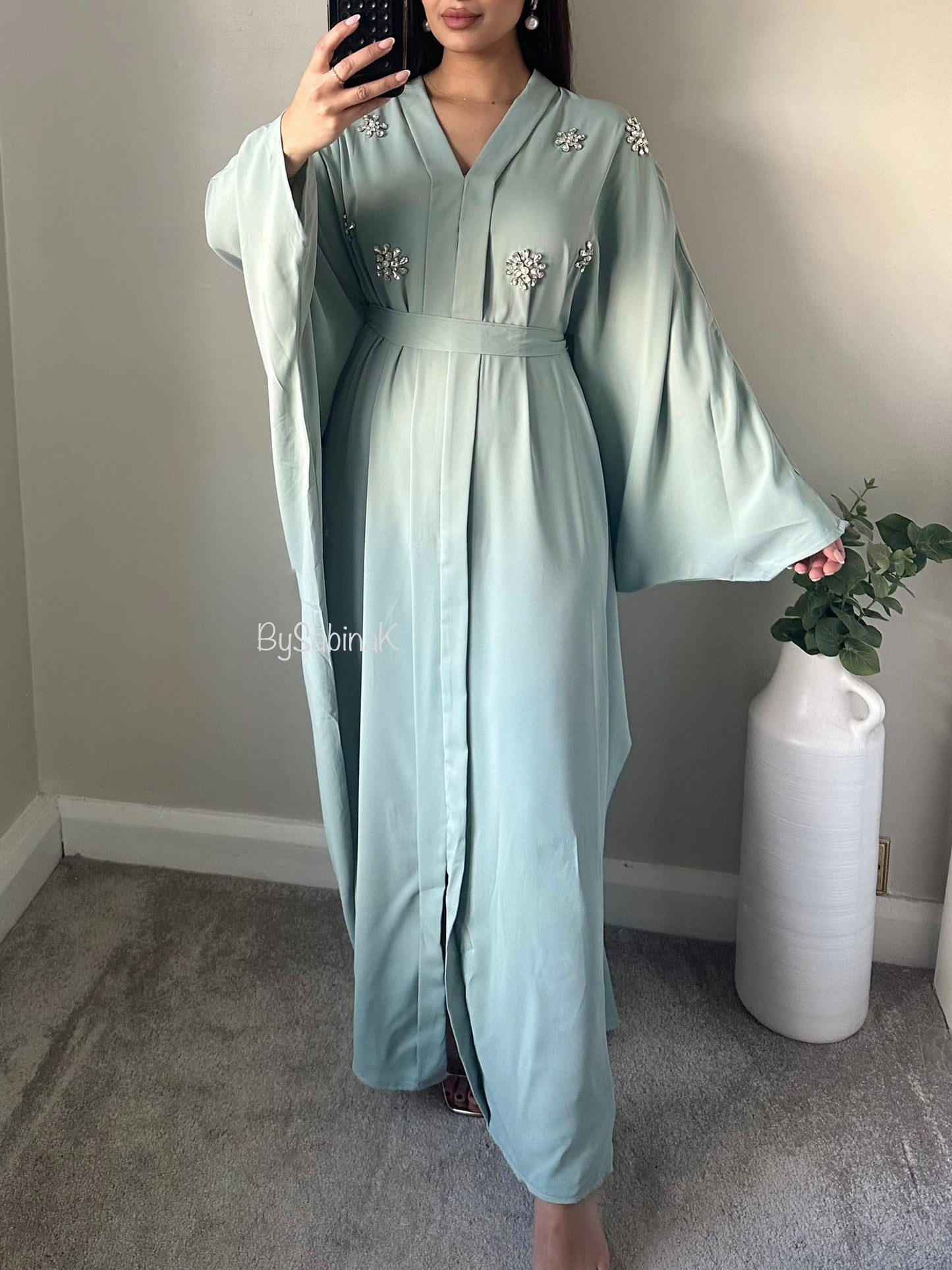 Aqua Embellished Rhinestone Belted Kaftan Abaya