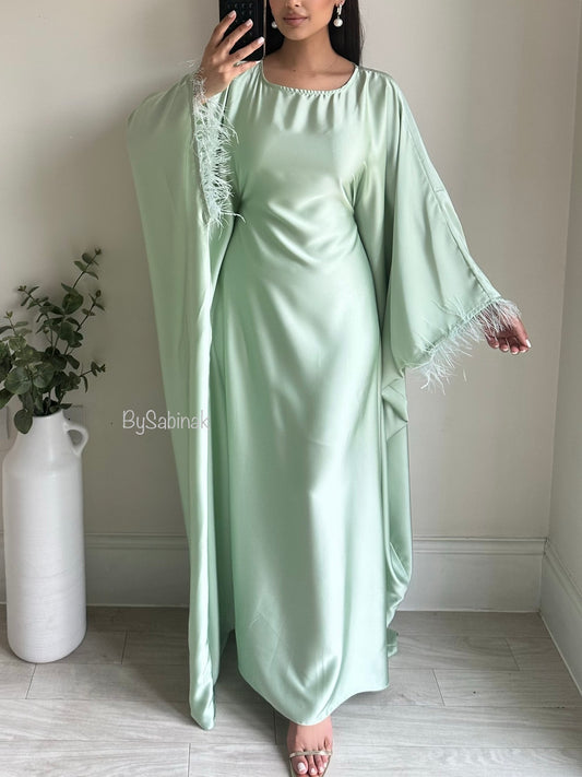 Mint Green Feather Satin Butterfly Kaftan 802