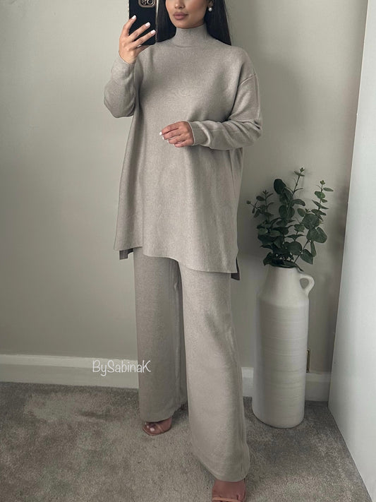 Grey Taupe Longline Knitted Co-ord