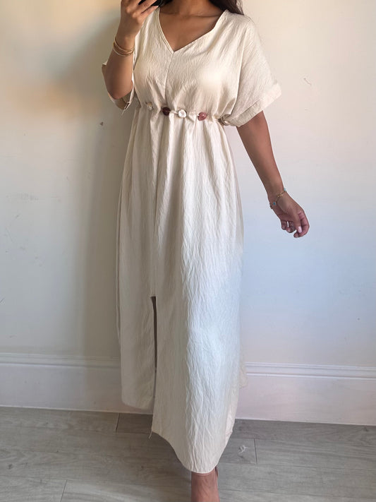 Beige Linen Beaded Kaftan Dress