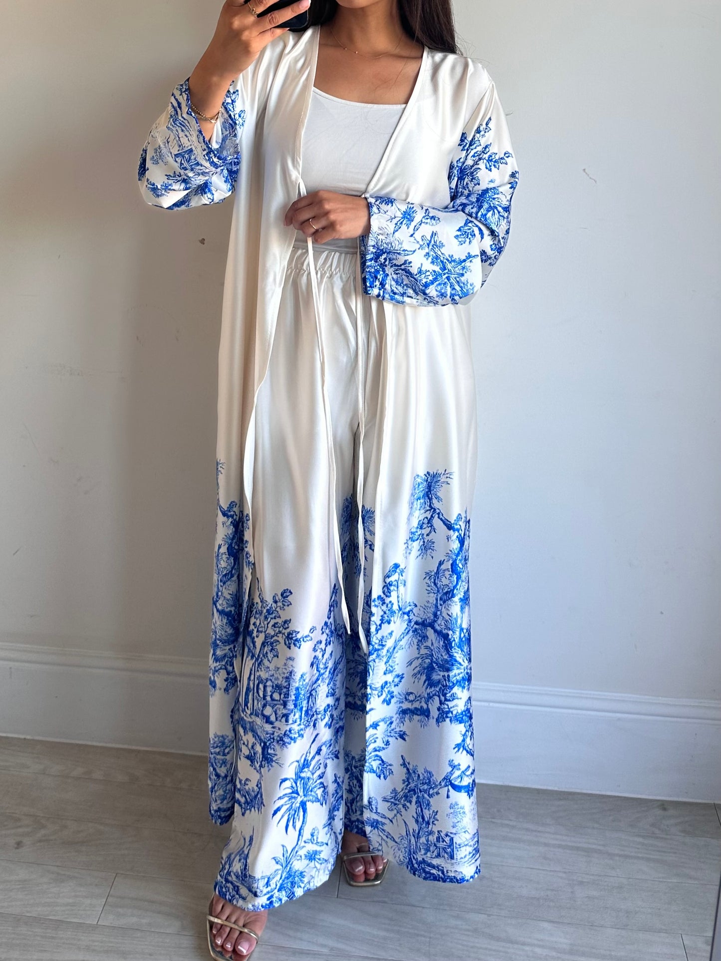 Blue Printed Satin Kimono Co-ord