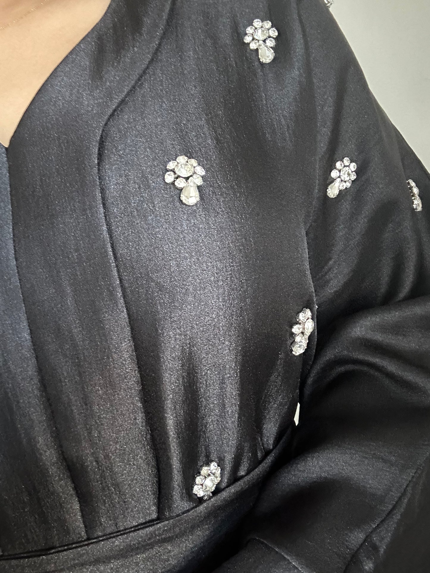 Black Rhinestone Belted Kaftan Dress Abaya