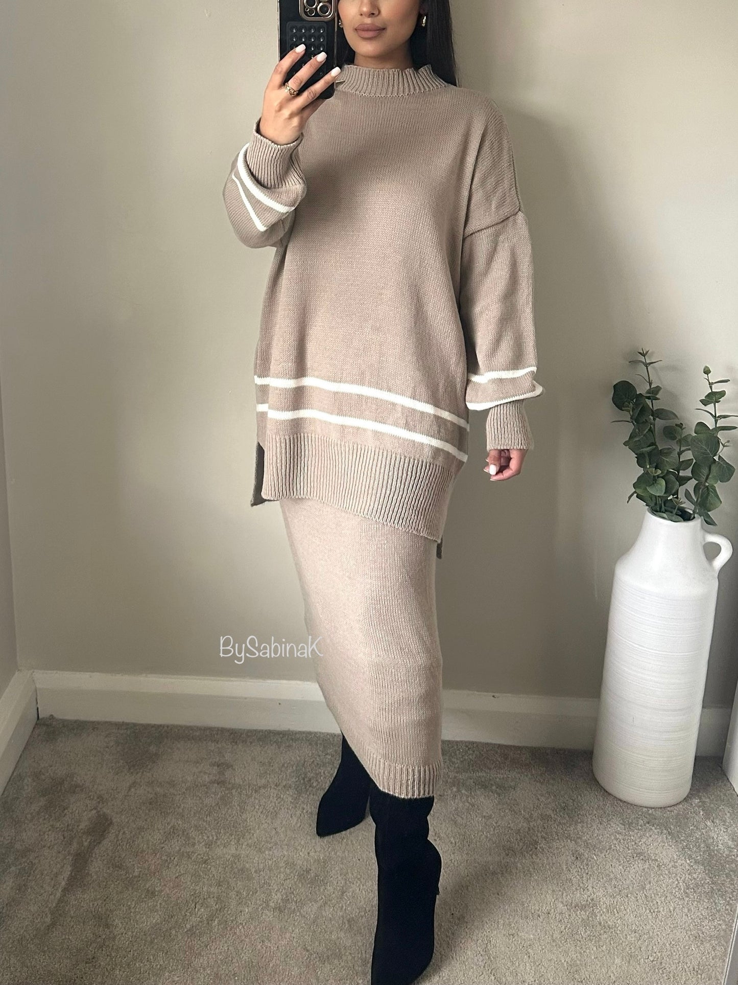 Beige Knitted Co-ord Skirt Set