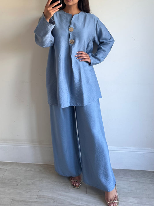 Baby Blue Linen Gold Button Co-ord Set